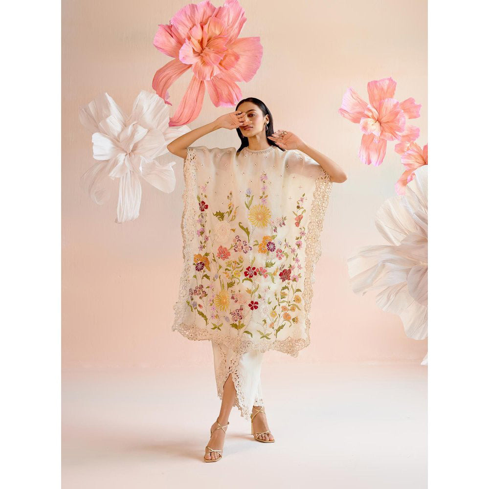 CHANDRIMA Ivory Floral Applique and Beadwork Kaftan