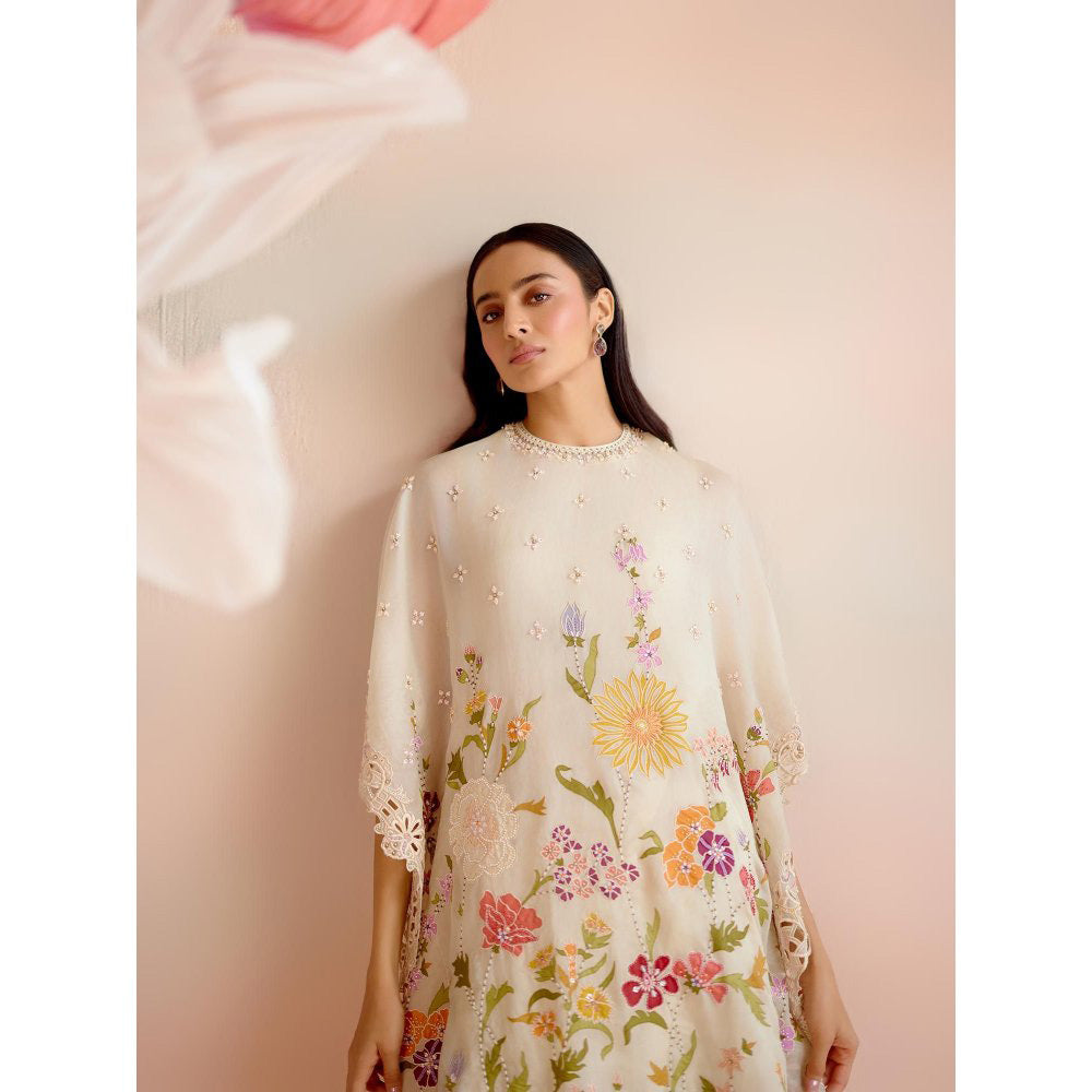CHANDRIMA Ivory Floral Applique and Beadwork Kaftan