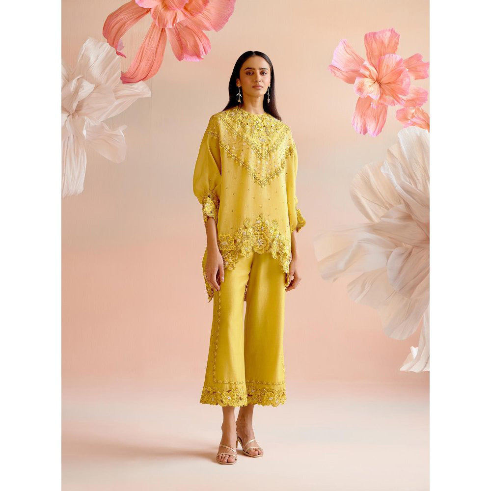 CHANDRIMA Yellow Tonal Cutwork Kimono Co-Ord (Set of 2)