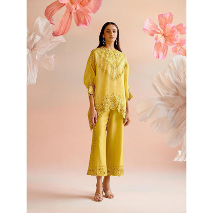 CHANDRIMA Yellow Tonal Cutwork Kimono Co-Ord (Set of 2)