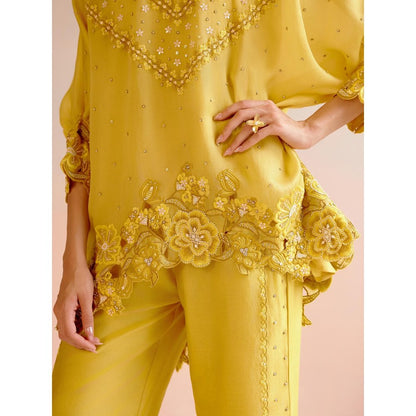 CHANDRIMA Yellow Tonal Cutwork Kimono Co-Ord (Set of 2)
