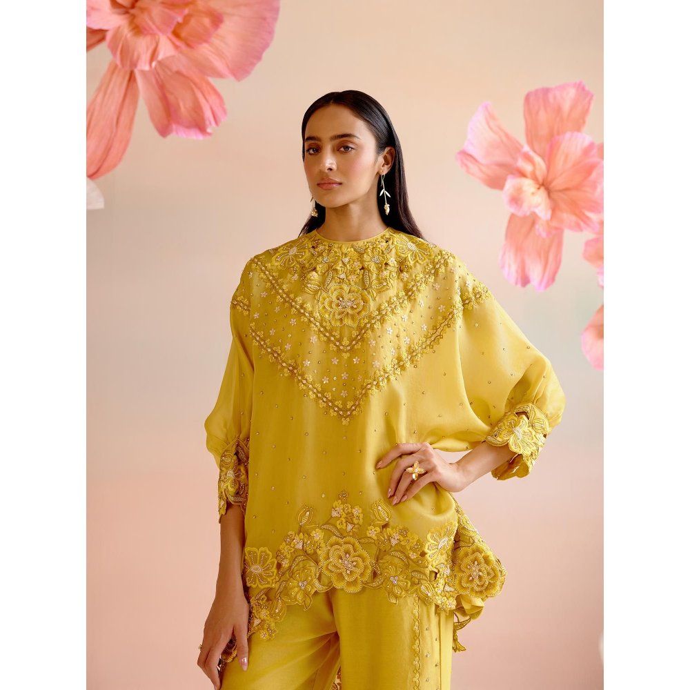 CHANDRIMA Yellow Tonal Cutwork Kimono Co-Ord (Set of 2)