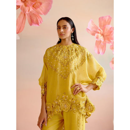 CHANDRIMA Yellow Tonal Cutwork Kimono Co-Ord (Set of 2)