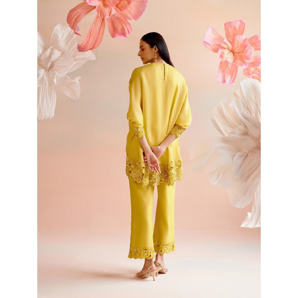 CHANDRIMA Yellow Tonal Cutwork Kimono Co-Ord (Set of 2)