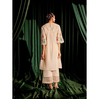 CHANDRIMA Ivory 3D Floral Applique Yoke Detail Kurta with Pant (Set of 2)