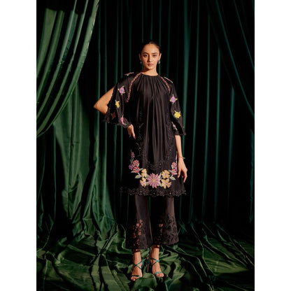 CHANDRIMA Black Floral Beadwork Gathered Kurta with Sheer Applique Pants (Set of 2)