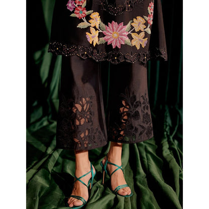CHANDRIMA Black Floral Beadwork Gathered Kurta with Sheer Applique Pants (Set of 2)