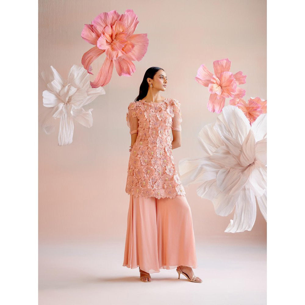 CHANDRIMA Peach Daisy 3D Applique Short Kurta with Flared Palazzo (Set of 2)