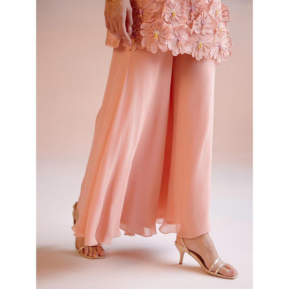 CHANDRIMA Peach Daisy 3D Applique Short Kurta with Flared Palazzo (Set of 2)