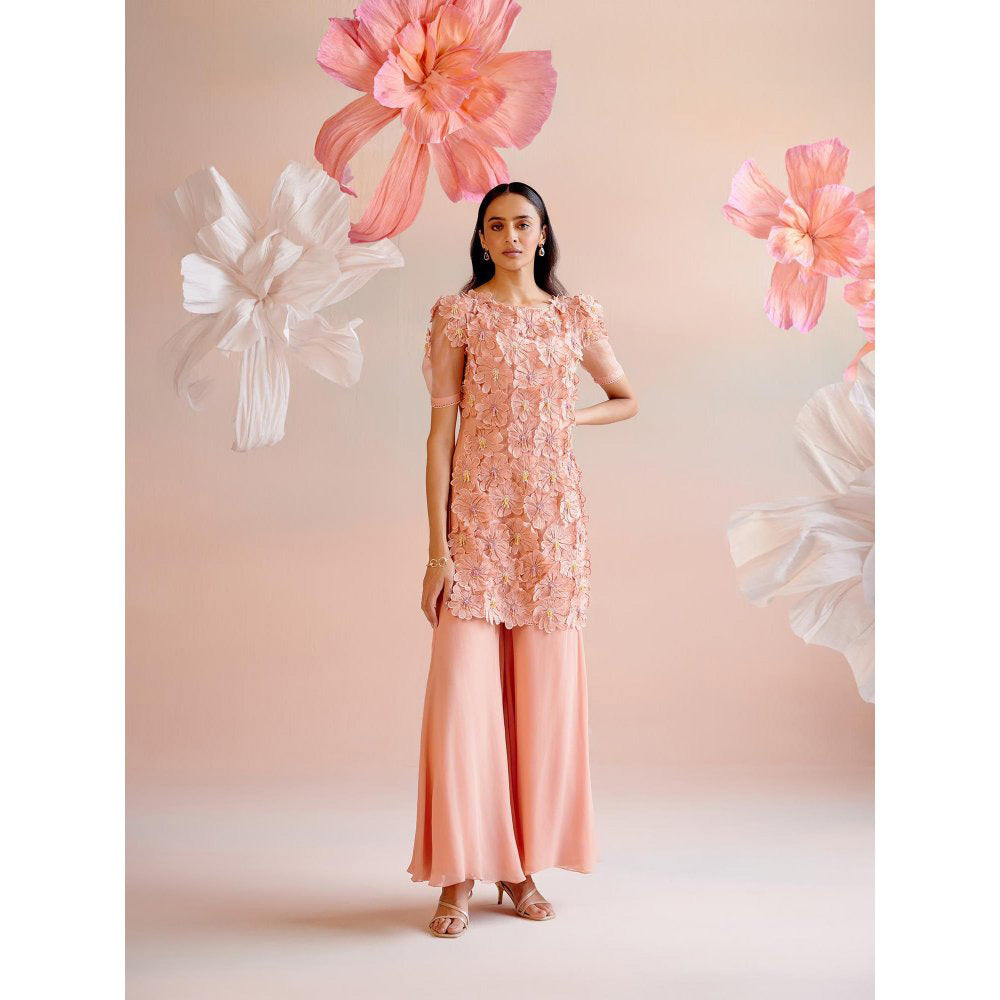 CHANDRIMA Peach Daisy 3D Applique Short Kurta with Flared Palazzo (Set of 2)