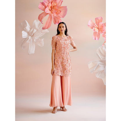 CHANDRIMA Peach Daisy 3D Applique Short Kurta with Flared Palazzo (Set of 2)