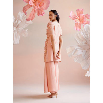 CHANDRIMA Peach Daisy 3D Applique Short Kurta with Flared Palazzo (Set of 2)