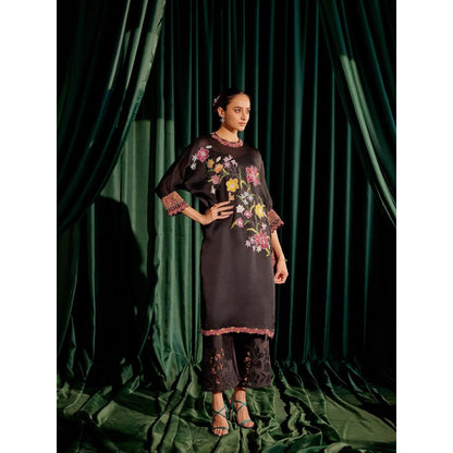 CHANDRIMA Black Floral Applique Kimono Kurta with Sheer Applique Pant (Set of 2)