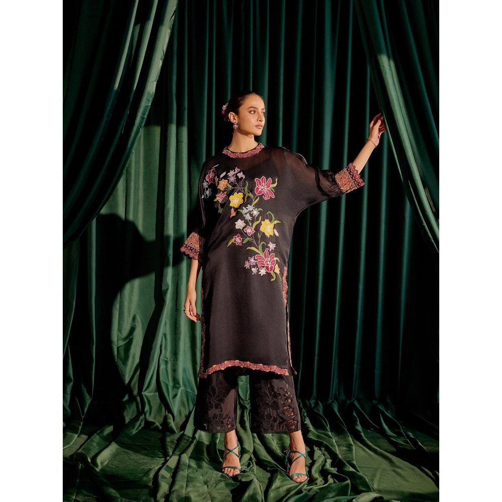 CHANDRIMA Black Floral Applique Kimono Kurta with Sheer Applique Pant (Set of 2)