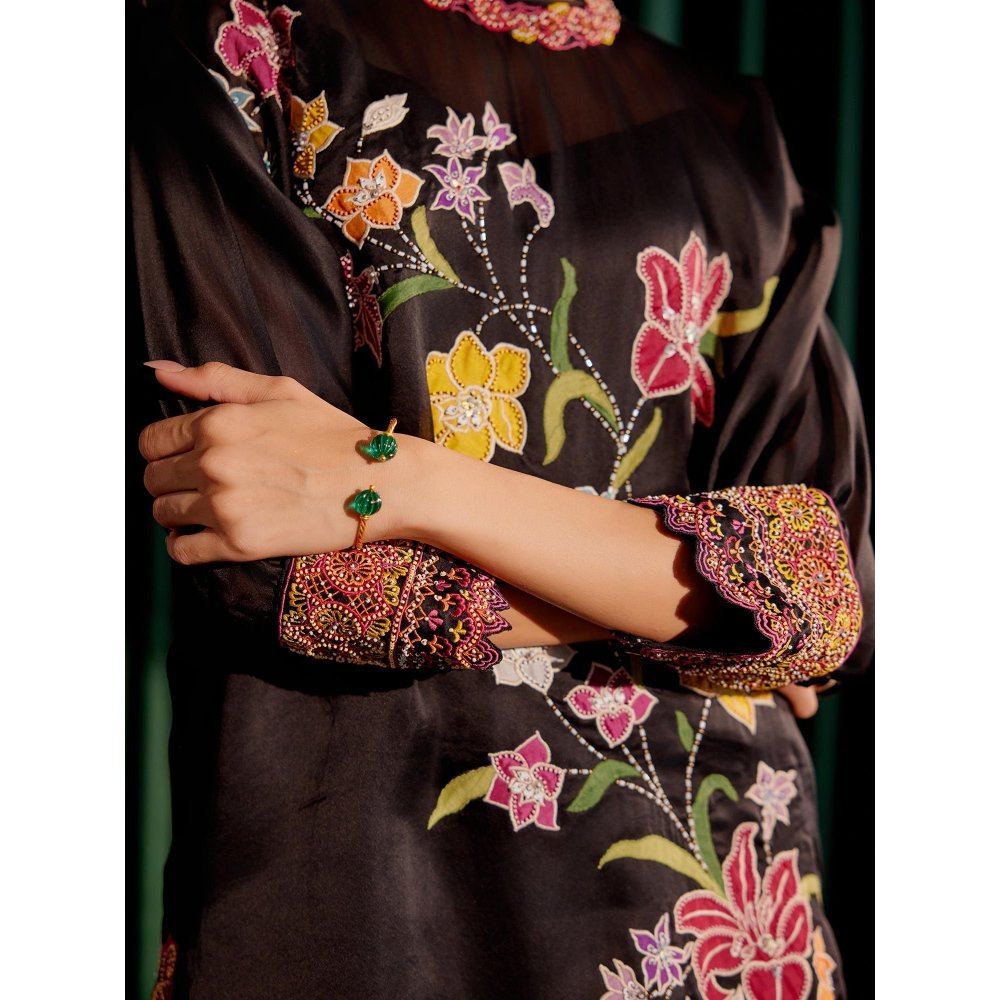 CHANDRIMA Black Floral Applique Kimono Kurta with Sheer Applique Pant (Set of 2)