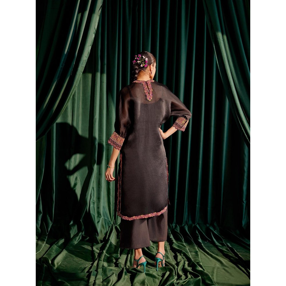 CHANDRIMA Black Floral Applique Kimono Kurta with Sheer Applique Pant (Set of 2)