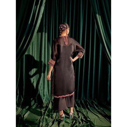 CHANDRIMA Black Floral Applique Kimono Kurta with Sheer Applique Pant (Set of 2)