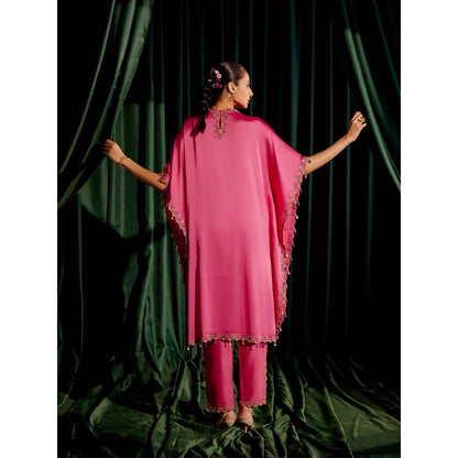 CHANDRIMA Fuchsia Floral Beadwork Kaftan with Embroidered Slit Detail Pant (Set of 2)