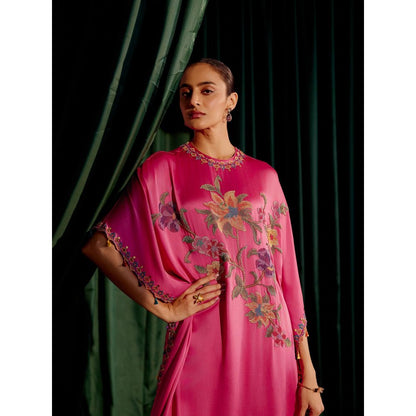 CHANDRIMA Fuchsia Floral Beadwork Kaftan with Embroidered Slit Detail Pant (Set of 2)