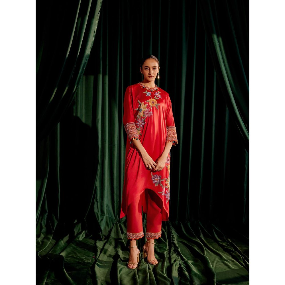 CHANDRIMA Red Floral Beadwork Kimono Kurta with Threadwork Narrow Pant (Set of 2)