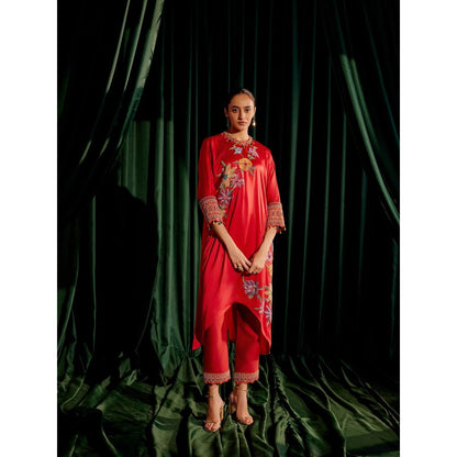 CHANDRIMA Red Floral Beadwork Kimono Kurta with Threadwork Narrow Pant (Set of 2)