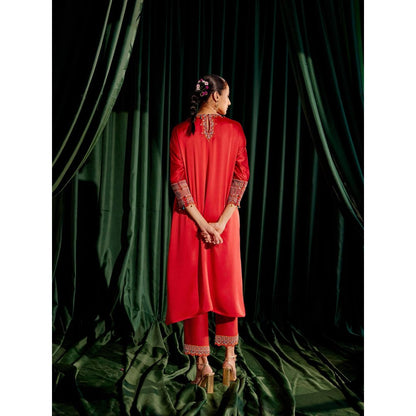 CHANDRIMA Red Floral Beadwork Kimono Kurta with Threadwork Narrow Pant (Set of 2)