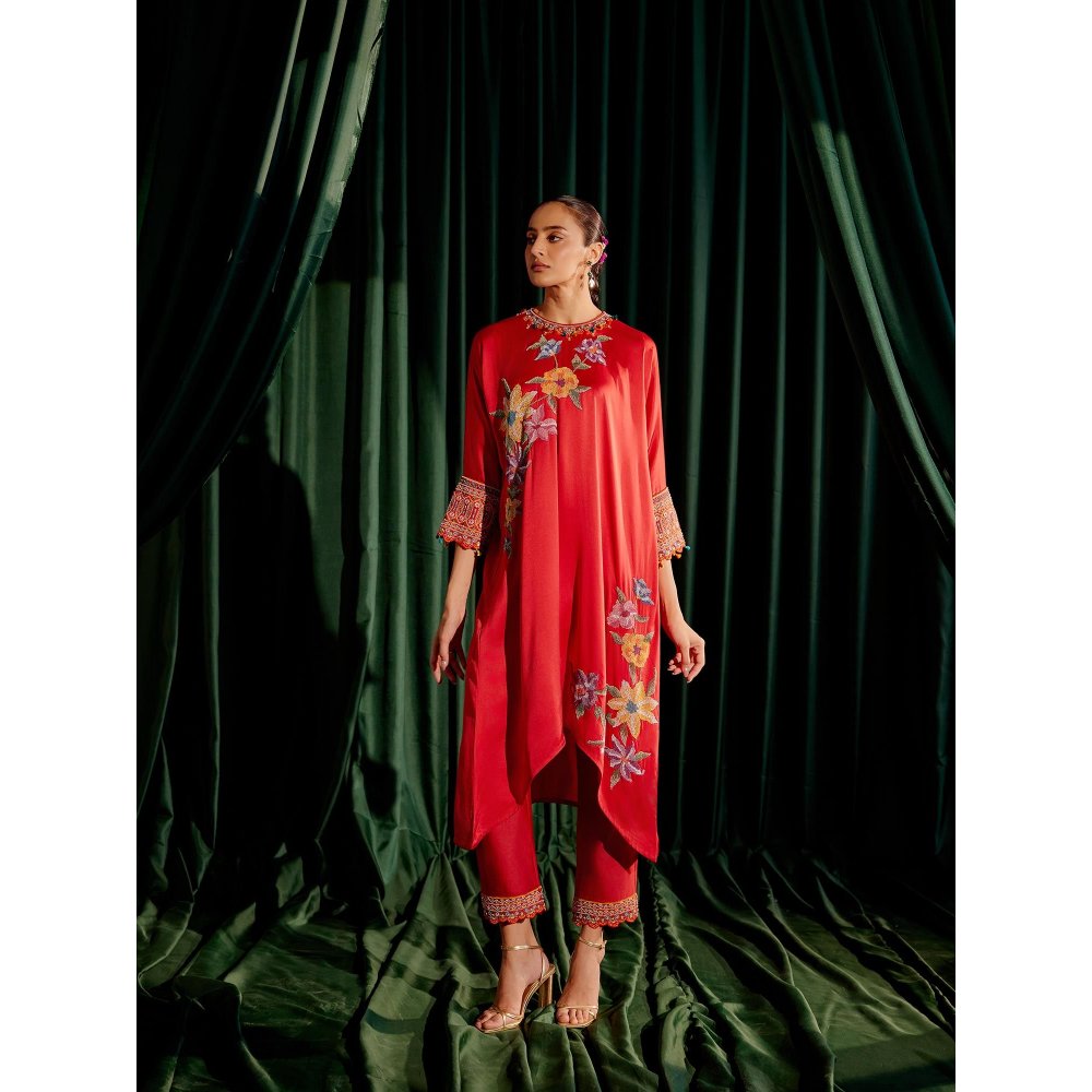 CHANDRIMA Red Floral Beadwork Kimono Kurta with Threadwork Narrow Pant (Set of 2)