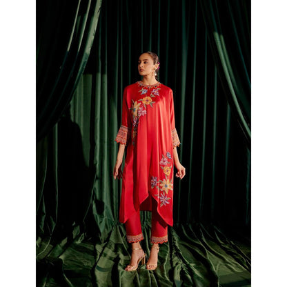 CHANDRIMA Red Floral Beadwork Kimono Kurta with Threadwork Narrow Pant (Set of 2)