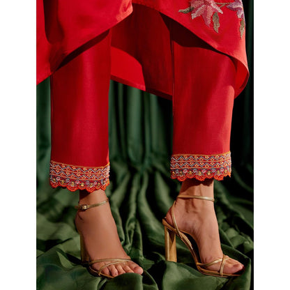CHANDRIMA Red Floral Beadwork Kimono Kurta with Threadwork Narrow Pant (Set of 2)