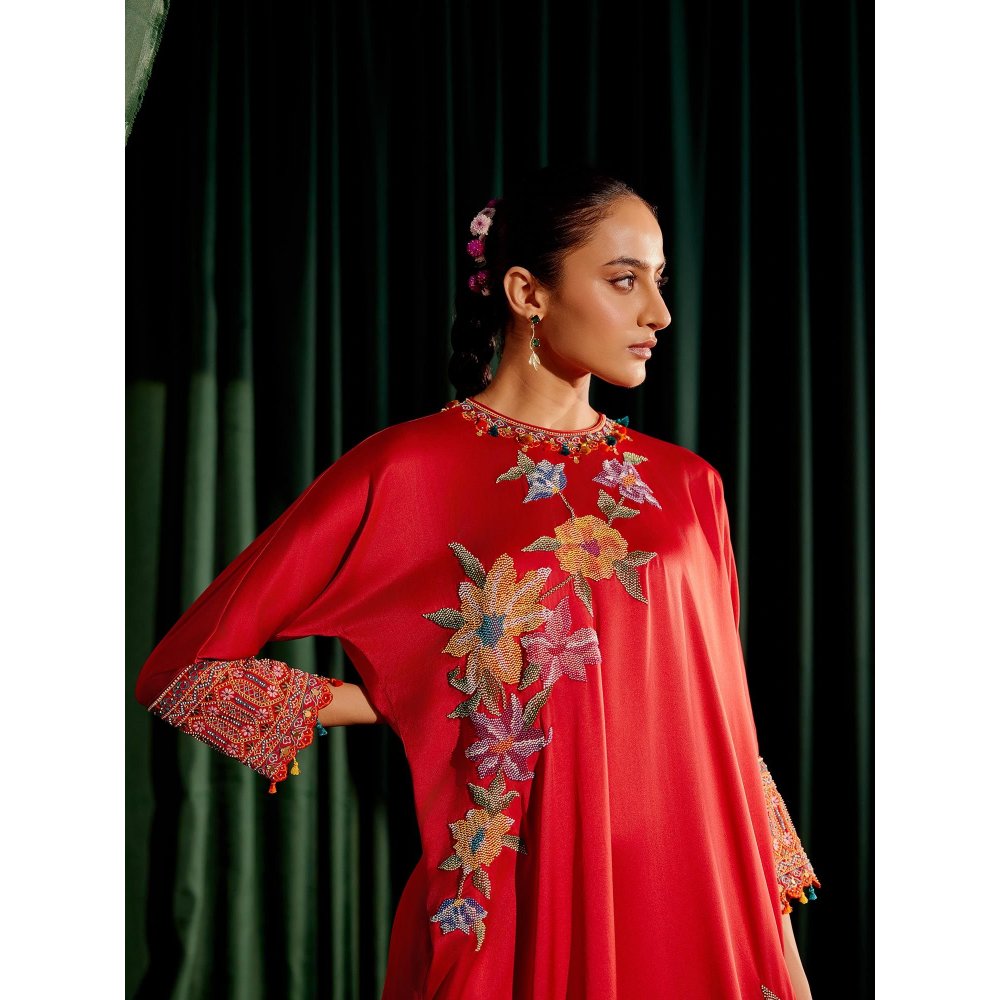CHANDRIMA Red Floral Beadwork Kimono Kurta with Threadwork Narrow Pant (Set of 2)