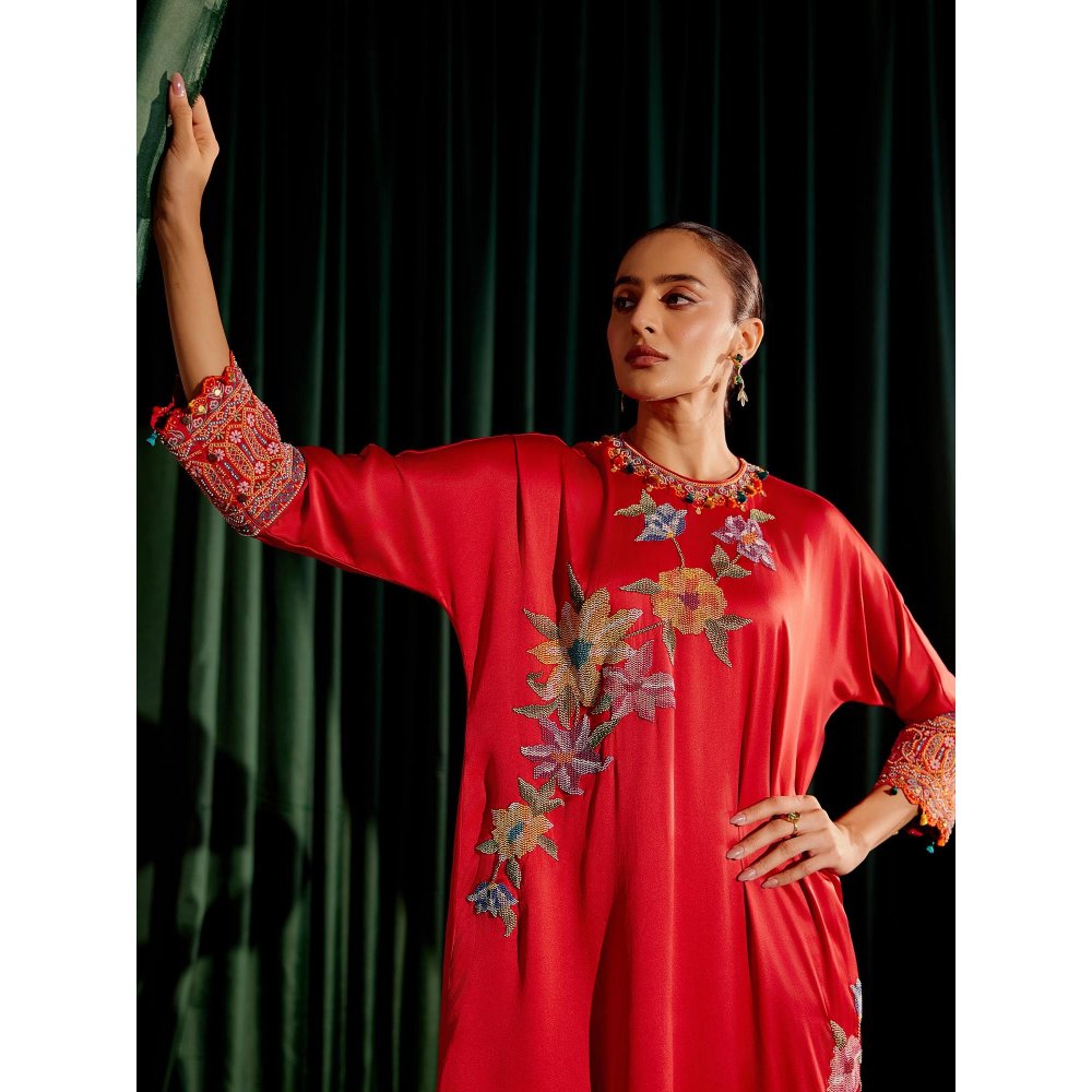 CHANDRIMA Red Floral Beadwork Kimono Kurta with Threadwork Narrow Pant (Set of 2)
