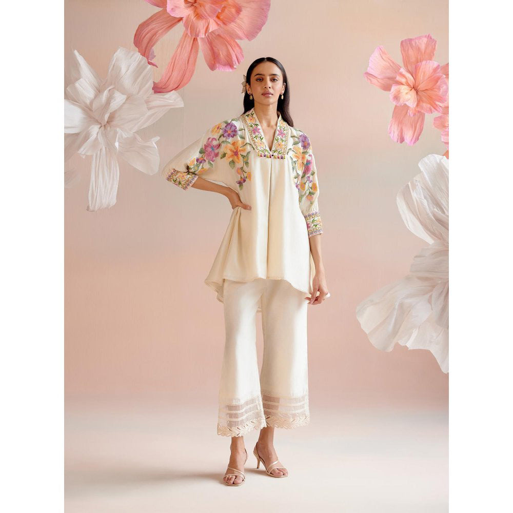 CHANDRIMA Ivory Floral Beadwork Kimono Tunic with Cutwork Pant (Set of 2)