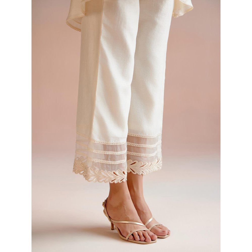 CHANDRIMA Ivory Floral Beadwork Kimono Tunic with Cutwork Pant (Set of 2)