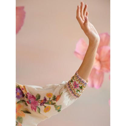 CHANDRIMA Ivory Floral Beadwork Kimono Tunic with Cutwork Pant (Set of 2)