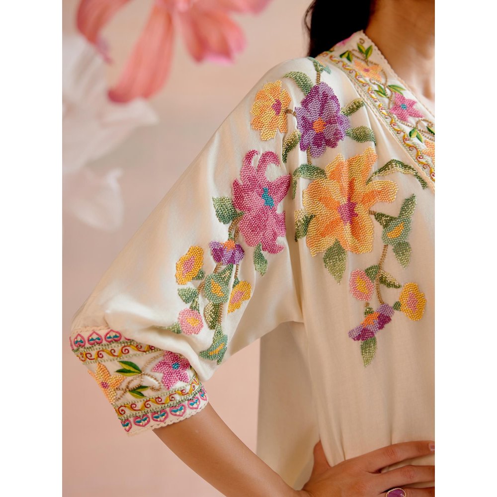 CHANDRIMA Ivory Floral Beadwork Kimono Tunic with Cutwork Pant (Set of 2)