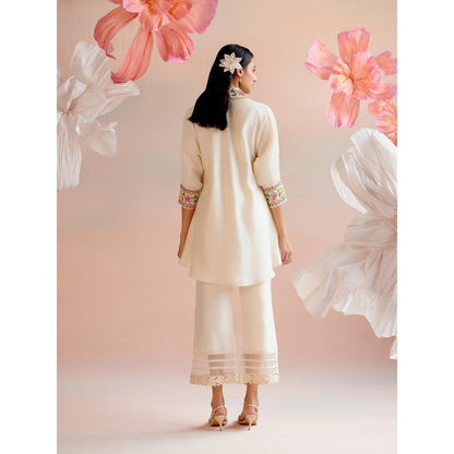 CHANDRIMA Ivory Floral Beadwork Kimono Tunic with Cutwork Pant (Set of 2)