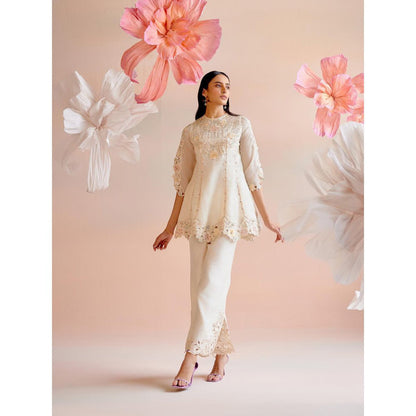 CHANDRIMA Ivory Cutwork and Beadwork Flared Short Kurti with Pant (Set of 2)
