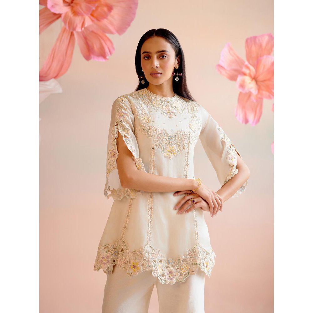 CHANDRIMA Ivory Cutwork and Beadwork Flared Short Kurti with Pant (Set of 2)