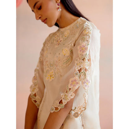 CHANDRIMA Ivory Cutwork and Beadwork Flared Short Kurti with Pant (Set of 2)