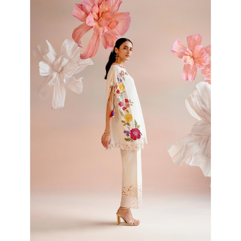 CHANDRIMA Ivory Floral Embroidered Kaftan with Organza Detail Pant (Set of 2)