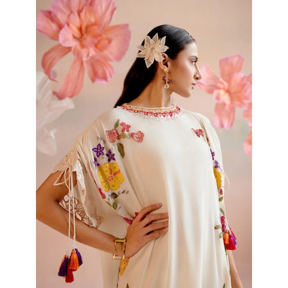 CHANDRIMA Ivory Floral Embroidered Kaftan with Organza Detail Pant (Set of 2)