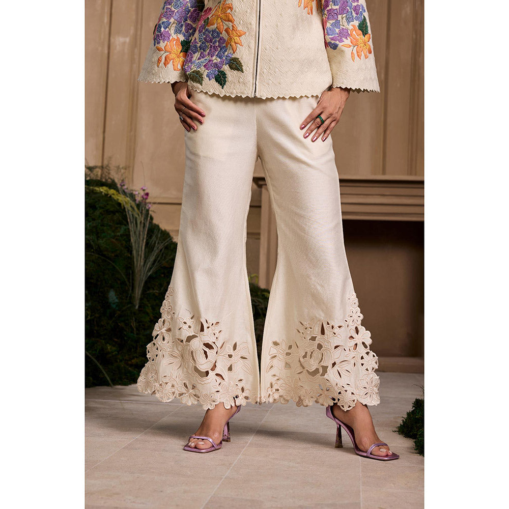 CHANDRIMA Ivory Floral Cutwork Bell Bottom Style Palazzo