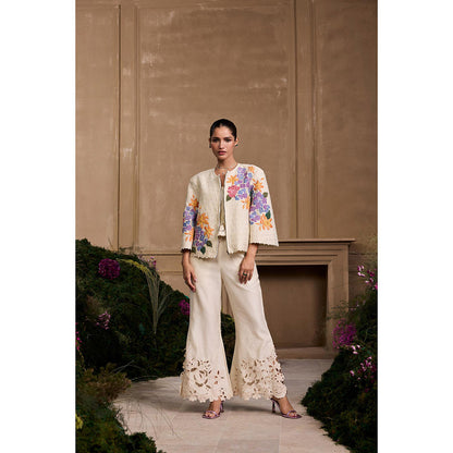 CHANDRIMA Ivory Floral Cutwork Bell Bottom Style Palazzo