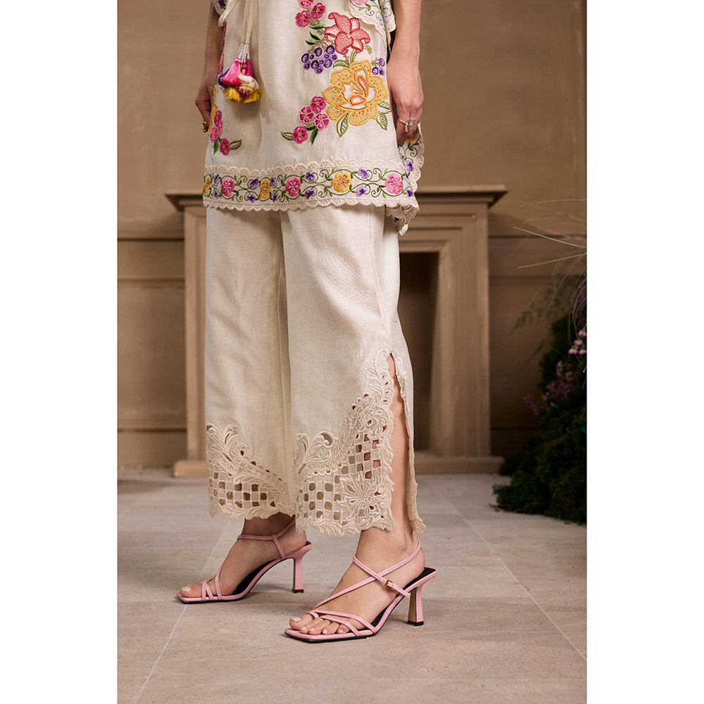 CHANDRIMA Ivory Chanderi Sheer Panelled Cutwork Pant