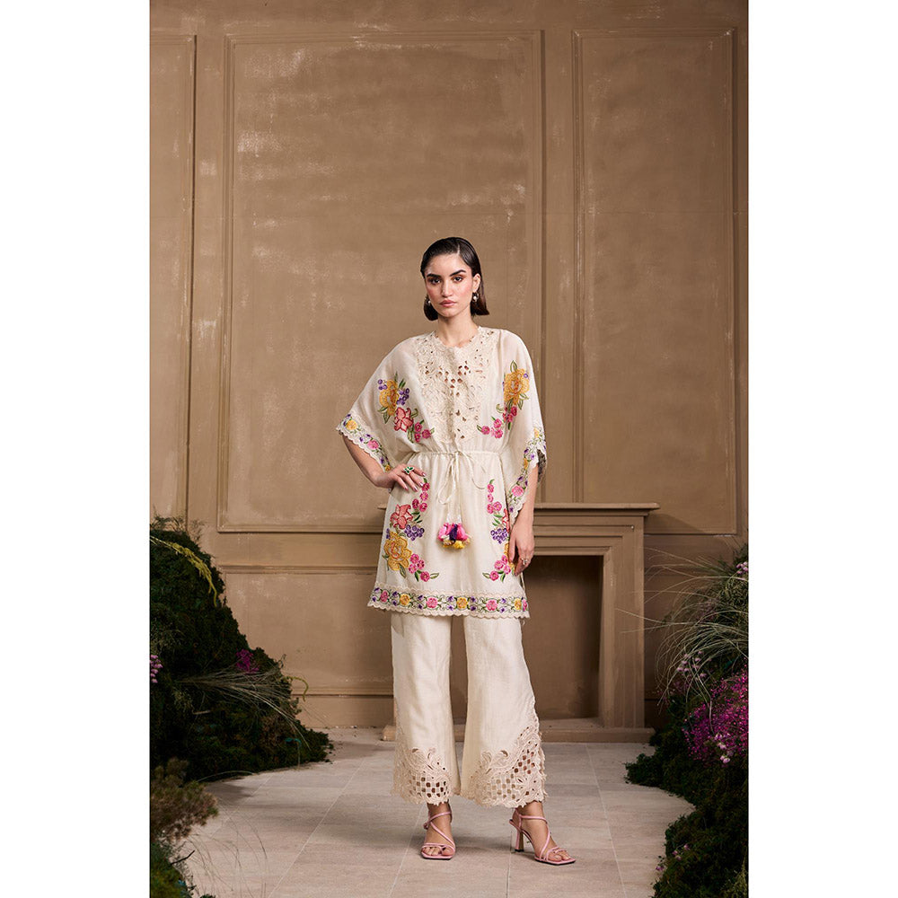 CHANDRIMA Ivory Chanderi Sheer Panelled Cutwork Pant