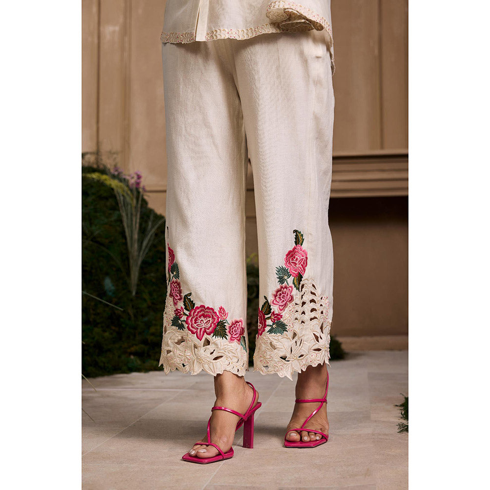 CHANDRIMA Ivory Rose Embroidered Pant