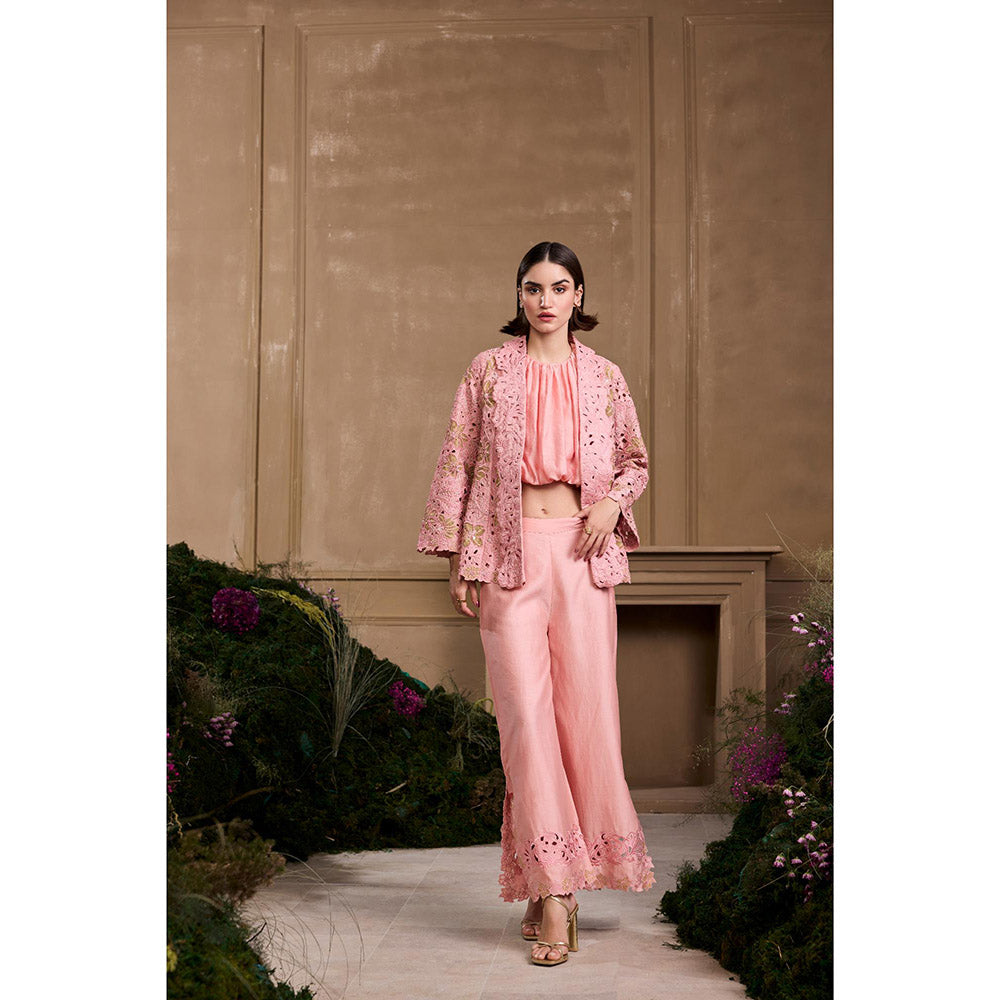 CHANDRIMA Rose Pink Metallic Applique and Cutwork Pant