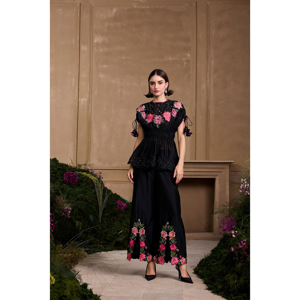 CHANDRIMA Black Rose Slit Bell Bottom Style Pant
