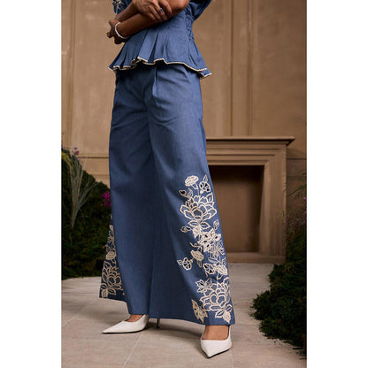 CHANDRIMA Blue Contrast Cutwork Flared Palazzo