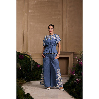 CHANDRIMA Blue Contrast Cutwork Flared Palazzo